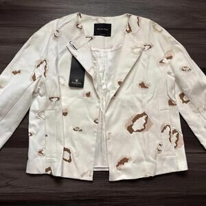 Massimo Dutti Blazer Size 6 White Abstract Cat Animal Print 3/4 Sleeve Jacket